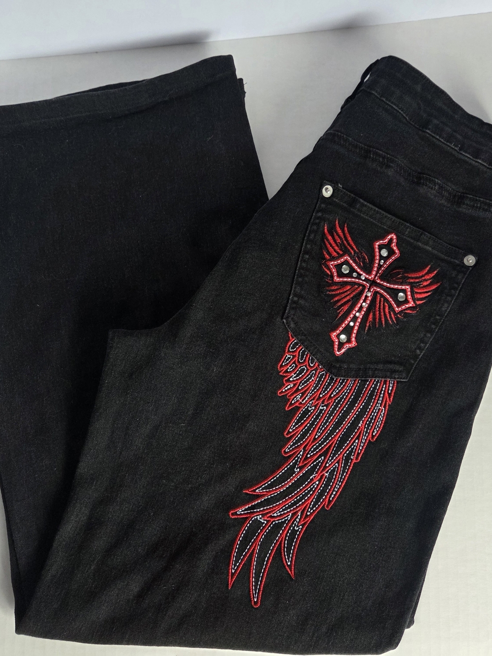 Hot Topic Black Straight Cut Jeans with Red Embroidered Cross & Wing
